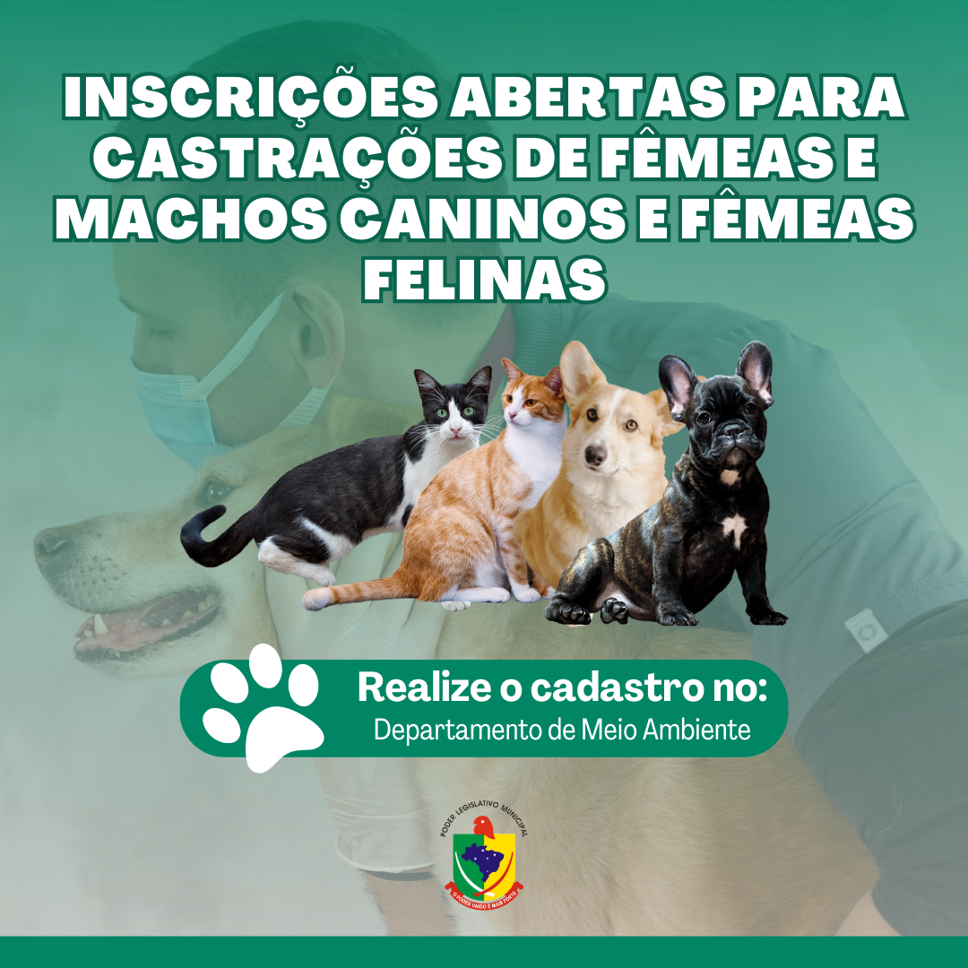 ESTÃO ABERTAS AS INCRIÇÕES PARA CASTRAÇÕES DE FÊMEAS E MACHOS CANINOS E FÊMEAS FELINAS
